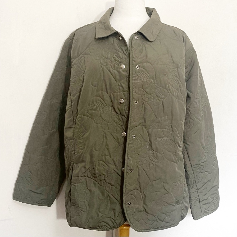 Lemon Grass Olive Green Floral Stitch Quilt Snap Front Womens Utility Jacket 2X